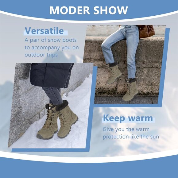 Women's Green Waterproof Winter Lightweight Warm Faux Fur Lined Mid-calf Boots - Picture 4 of 6